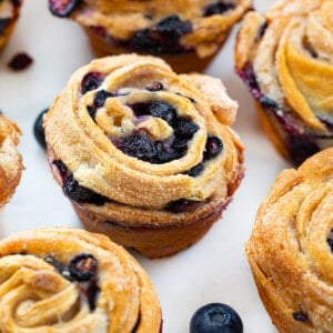 Close up of a Whole Blueberry Cruffin.