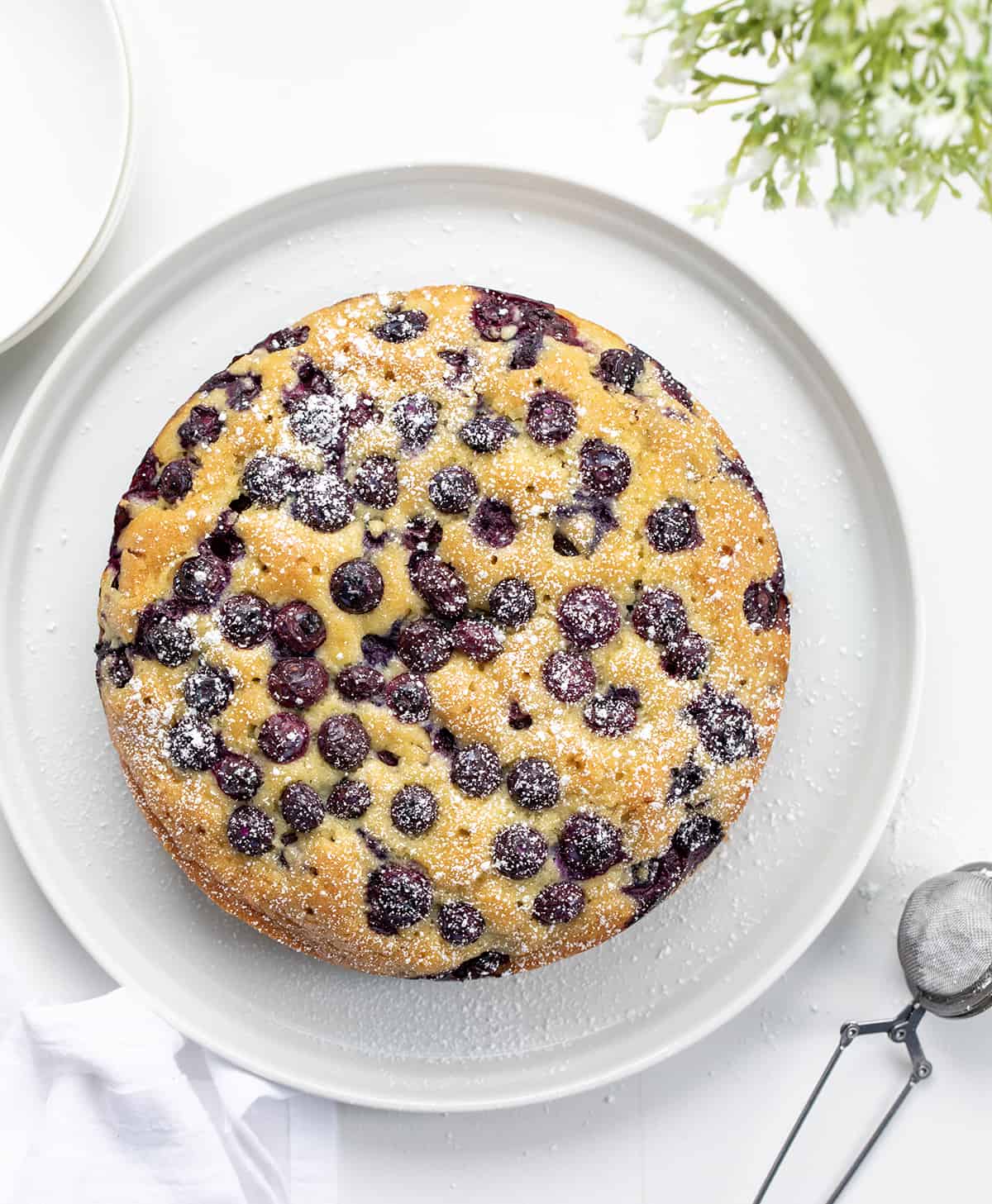 Whole Blueberry Breakfast Cake on a White Counter with Flowers.