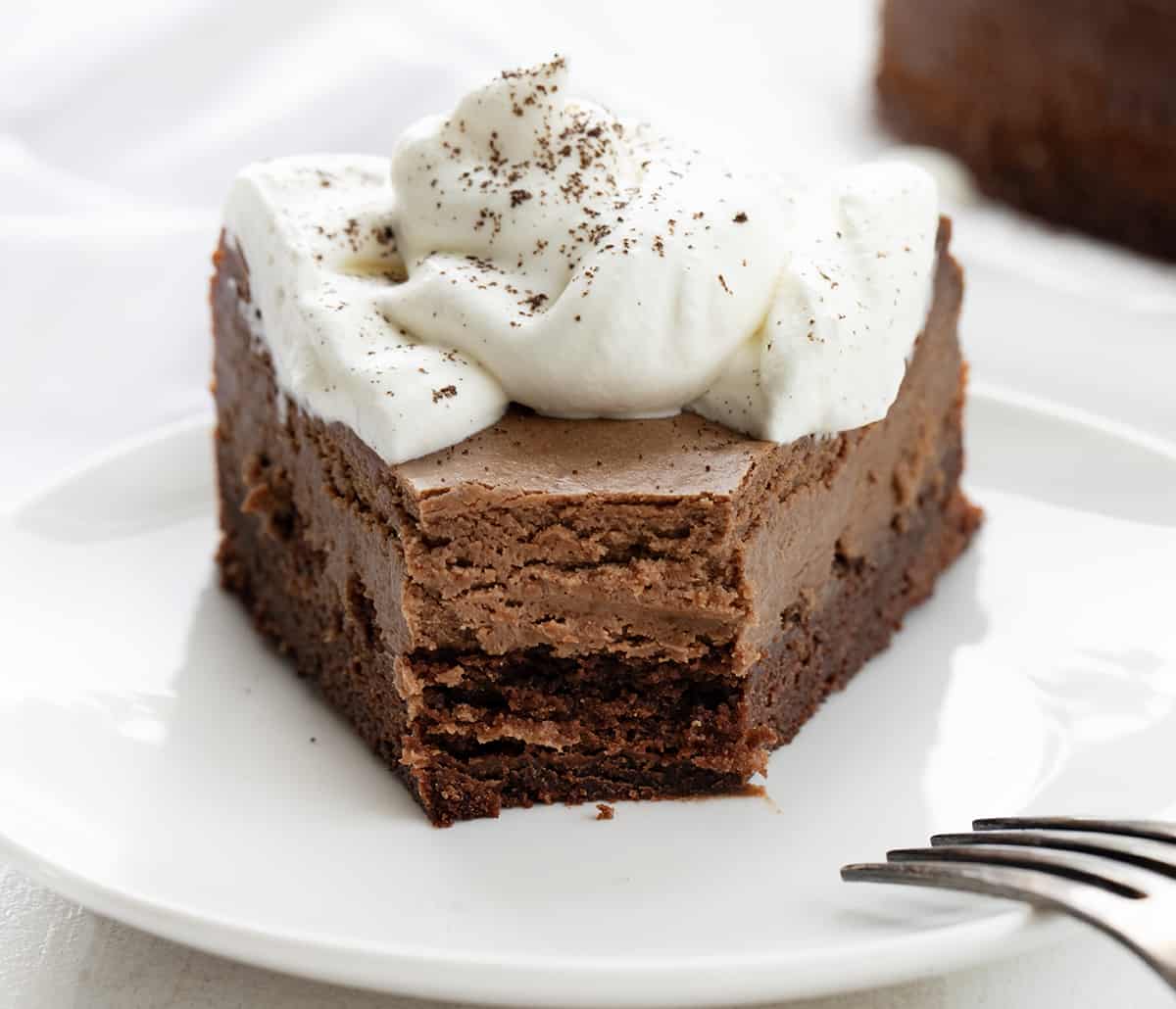 Piece of Brownie Bottom Chocolate Cheesecake on a White Plate with Bite Removed Showing Inside Texture.