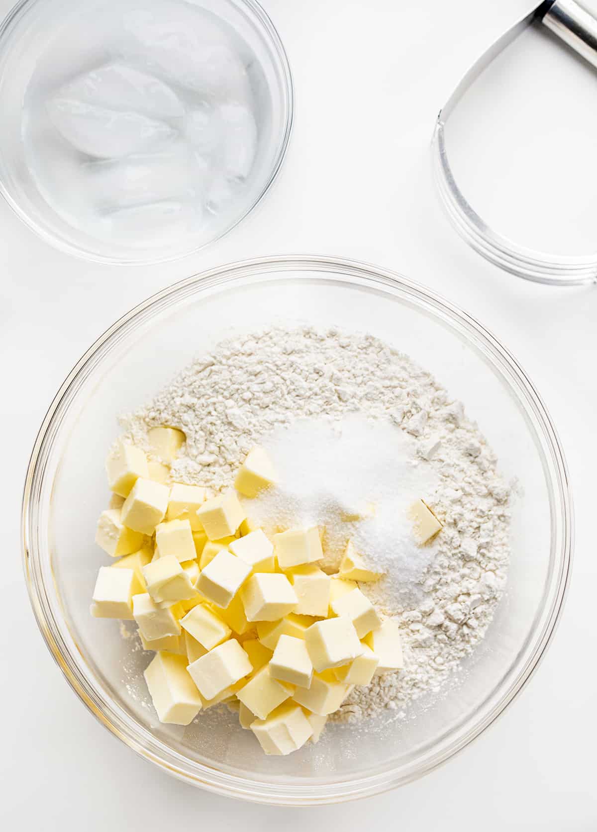 Ingredients for All Butter Pie Crust in Bowls.