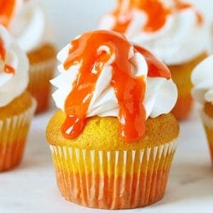 Candy Corn Inspired Cupcakes with pure Candy Corn Glaze!