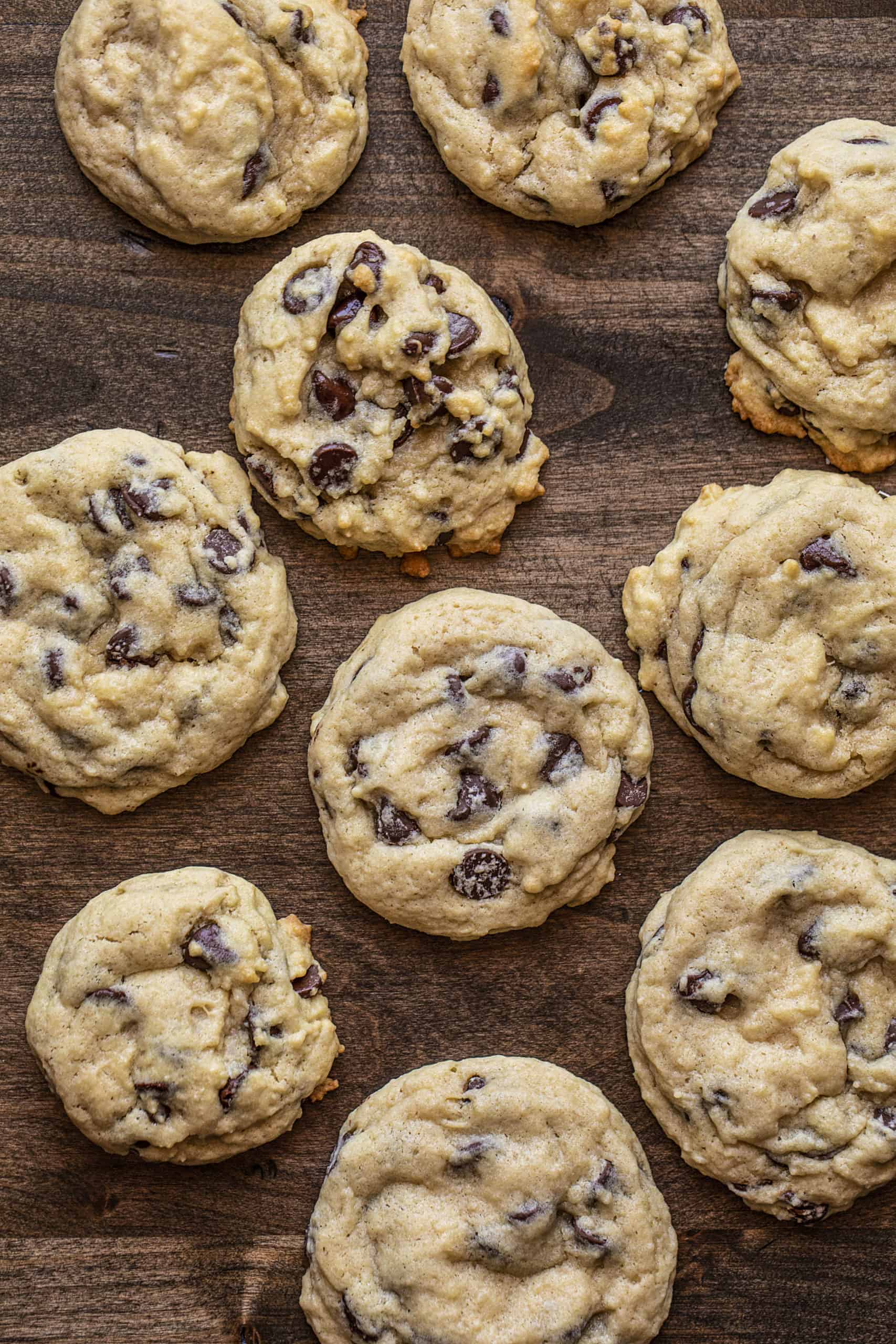 Overhead of Sourdough Chocolate Chip Cookies on Wood Surface