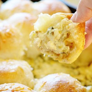 Cheesy Skillet Spinach and Artichoke Dip with Baked Rolls!