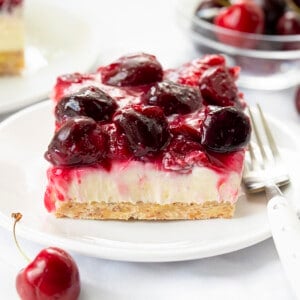 Piece of Cherry Jamboree on Plate with Fresh Cherries. Dessert, Cherry Dessert, Cherry Pie Filling, Homemade Cherry Pie Filling, Cherry Cream Cheese Dessert, Summer Desserts, Fresh Cherry Desserts, No Bake Desserts, Jamboree Dessert, i am baker, iambaker