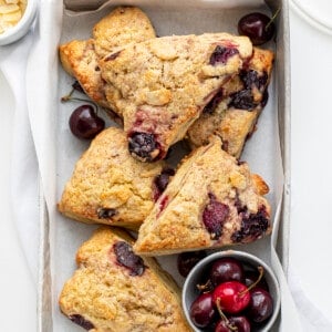 Overhead of Cherry Almond Scones in a Baking Dish. Breakfast, Scones, Scones Recipes, Cherry Scones, How to Make Scones, Breakfast Recipes, Cherry Recipes, iambaker, i am baker