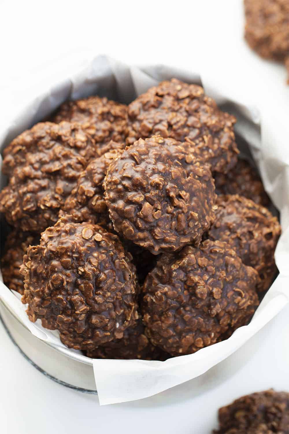Chocolate Peanut Butter Oatmeal No Bake Cookies in Bucket