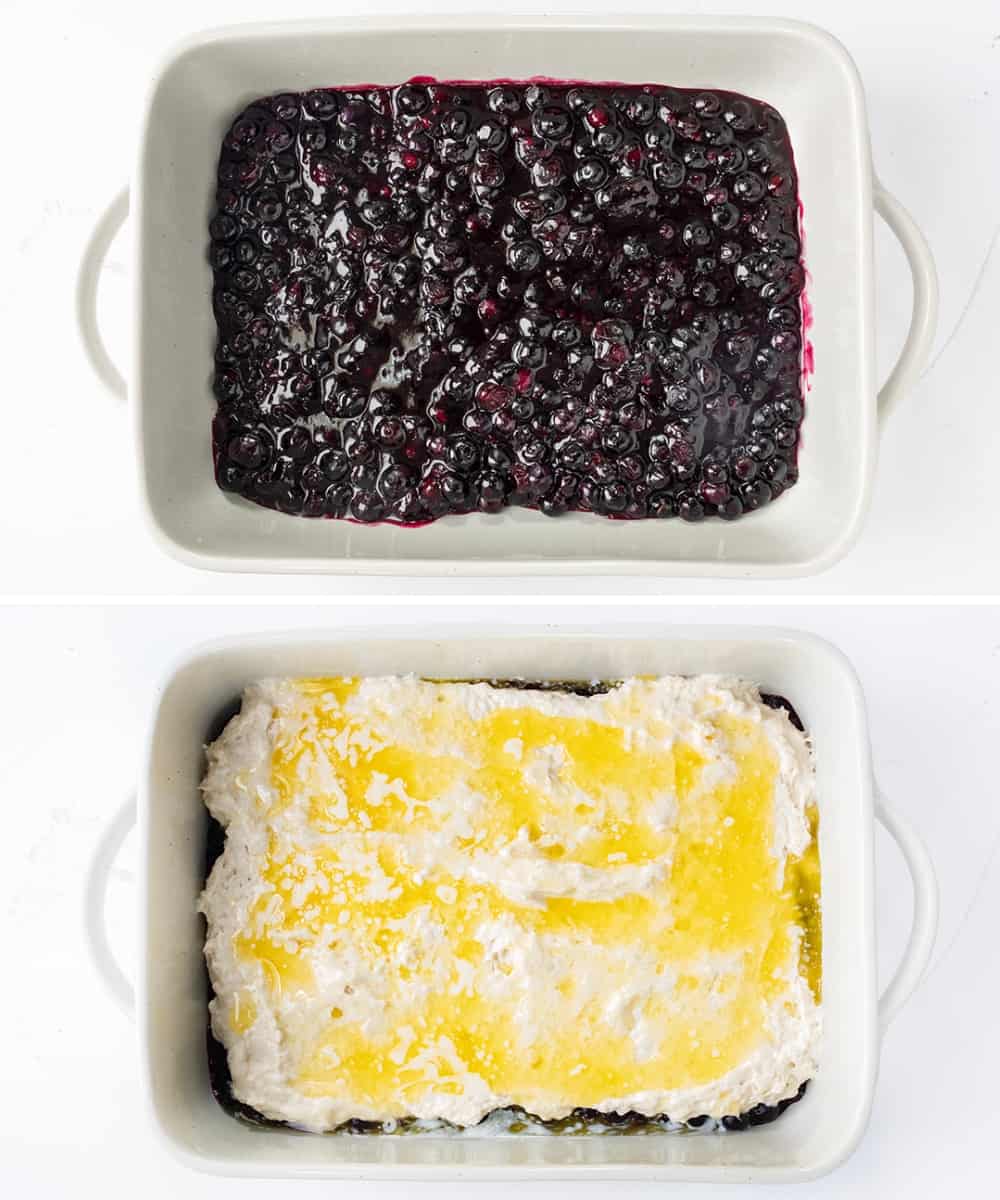 Steps for Making Butter Swim Biscuit Blueberry Cobbler in a Casserole Pan on a White Counter.