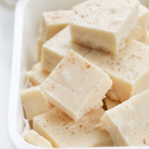 Eggnog Fudge in a Container Stacked up.