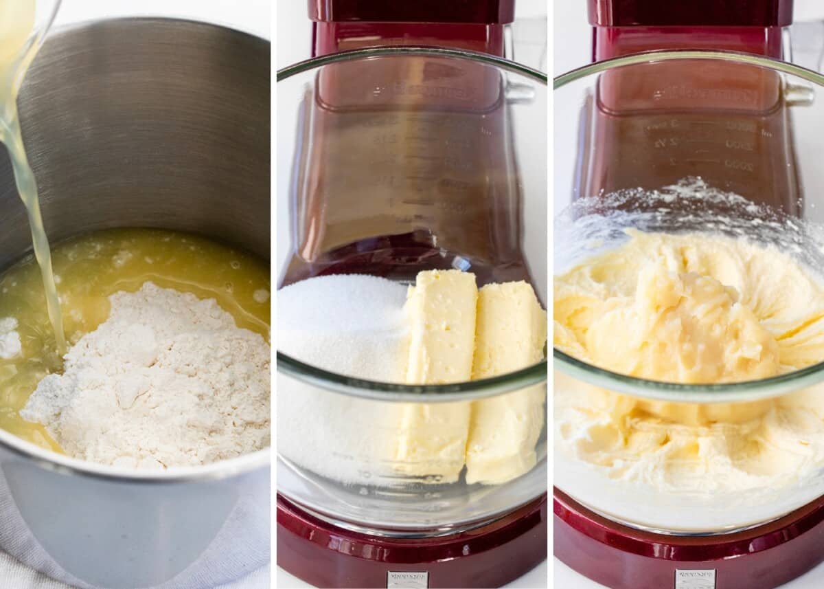 Steps for making the heated flour mixture then adding butter and sugar to stand mixer and then adding flour mixture to stand mixer to make Lemon Ermine Frosting.