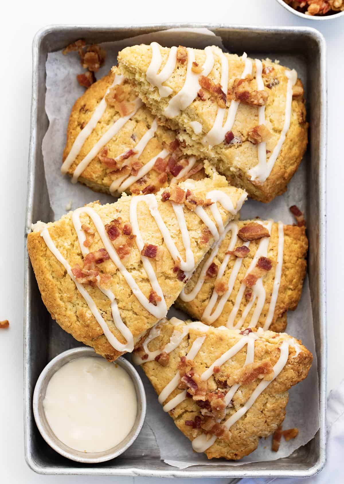 Pan of Maple Bacon Scones with Extra Maple Glaze.