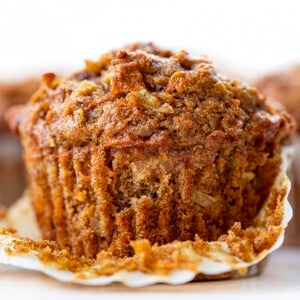 One Morning Glory Muffin with Wrapper Pulled Down. Breakfast, Muffins, Muffin Recipes, Healthy Muffins, What are Morning Glory Muffins, Snacks, Baking, i am baker, iambaker