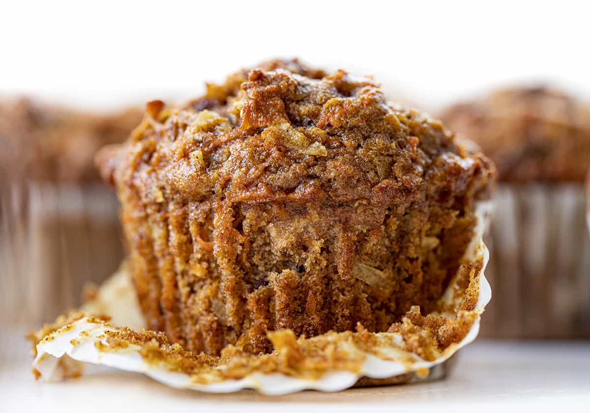 One Morning Glory Muffin with Wrapper Pulled Down. Breakfast, Muffins, Muffin Recipes, Healthy Muffins, What are Morning Glory Muffins, Snacks, Baking, i am baker, iambaker