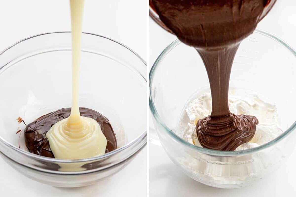 Adding Sweetened Condensed Milk to Chocolate and then that Chocolate Mixture to Whipped Cream for Chocolate Ice Cream.