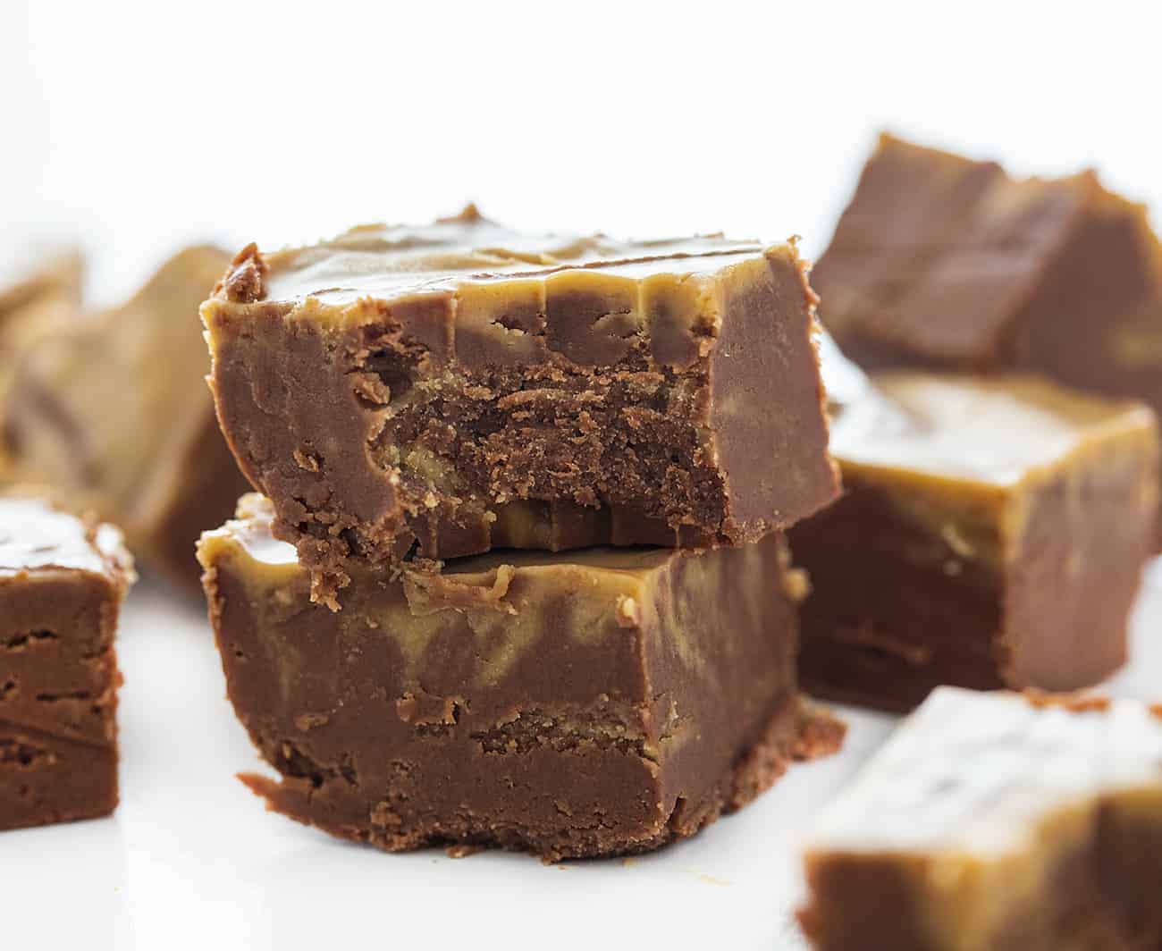 Piece of Chocolate Peanut Butter Fudge bit into