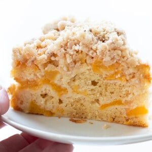 Hand Holding a White Plate with Peach Cake Slice on It.