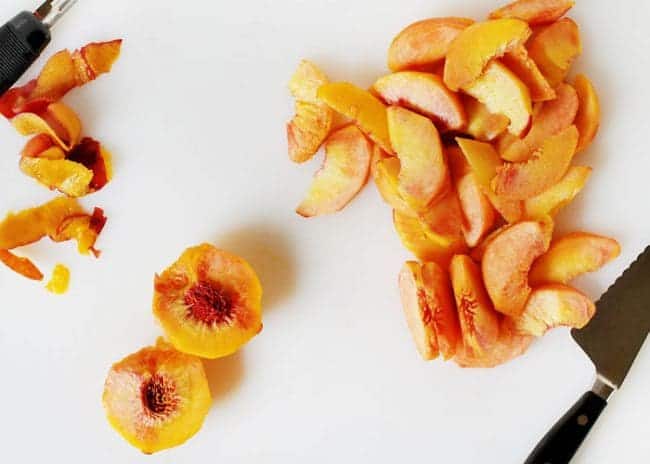 Peaches peeled and cup up getting ready for the perfect Peach Pie!