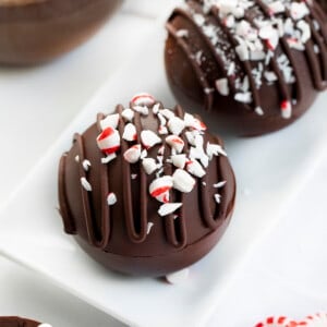 Peppermint Hot Cocoa Bombs in a White Platter.