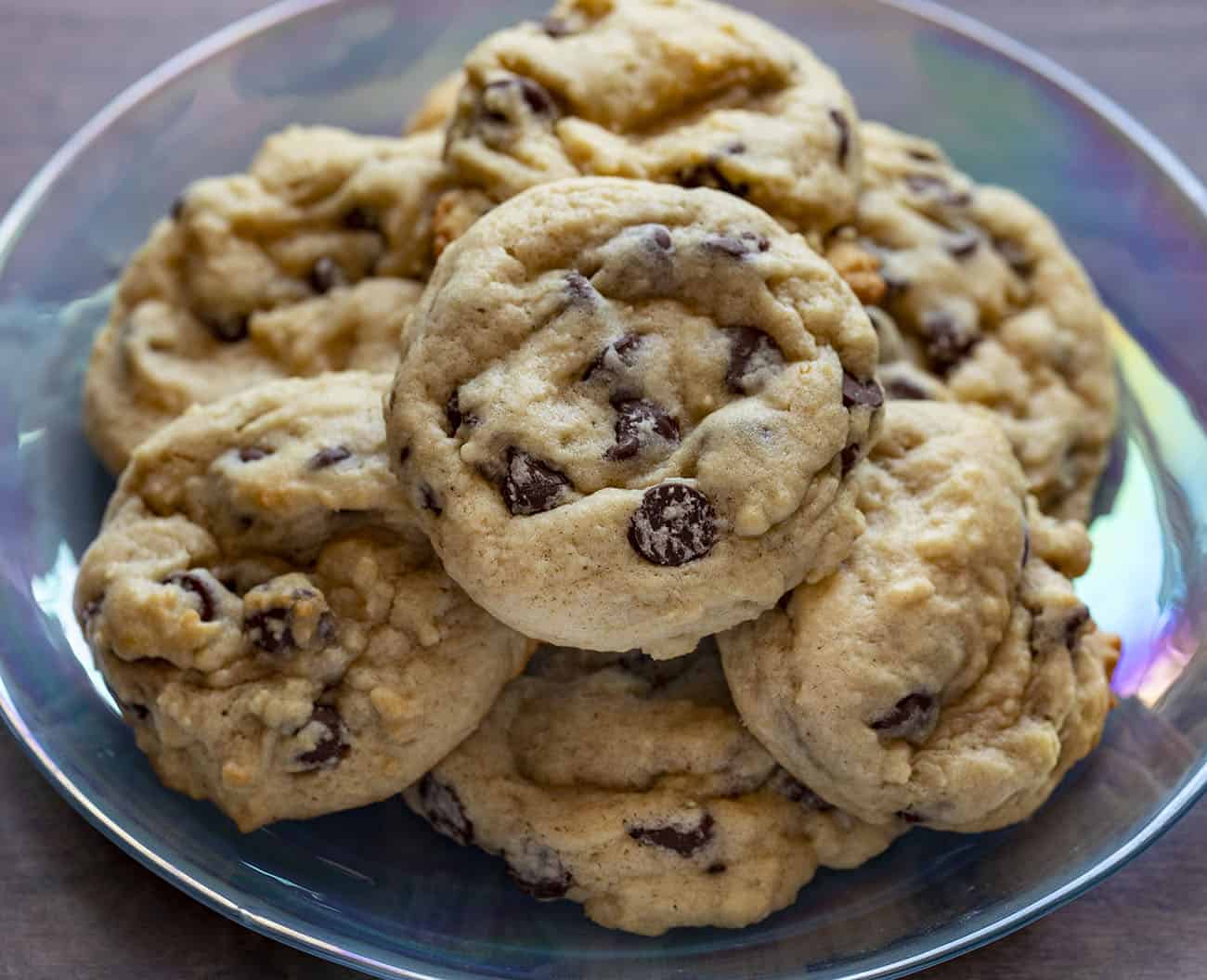 Sourdough Chocolate Chip Cookies Stacked on Plate