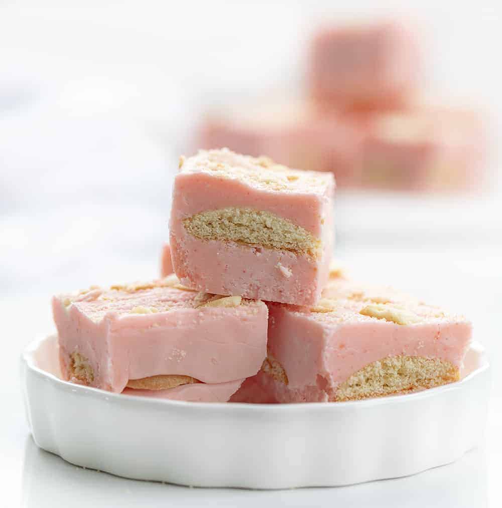 Strawberry Shortcake Fudge Stacked on Plate