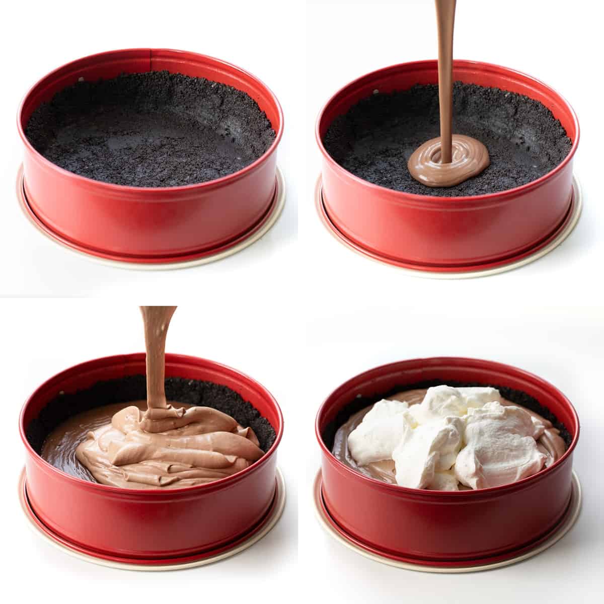 Steps for Making a Triple Chocolate Mousse Pie in a Spring-form Pan with Oreo Crust.