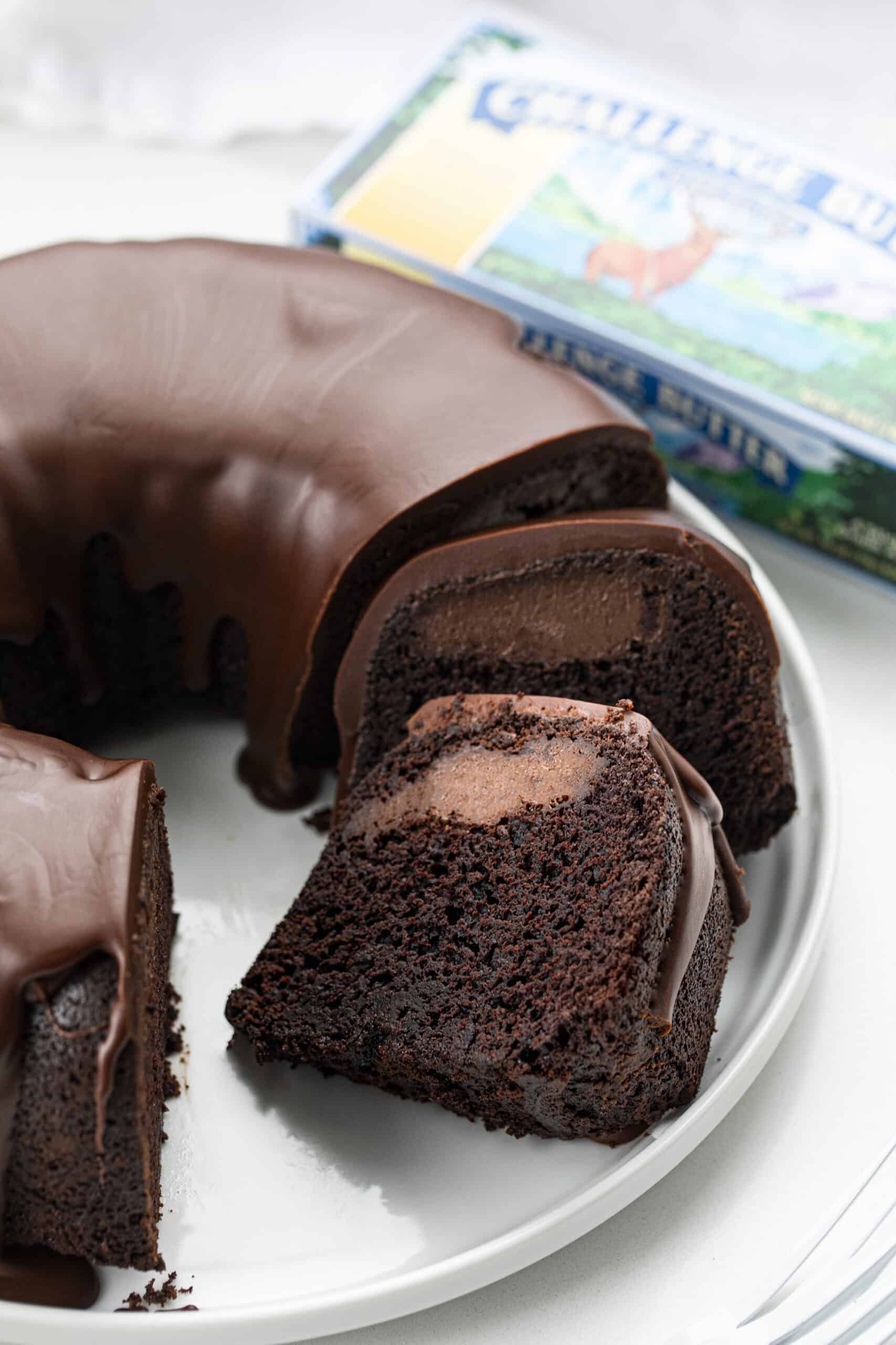 Pieces of Death by Chocolate Bundt Cake Sliced on Plate