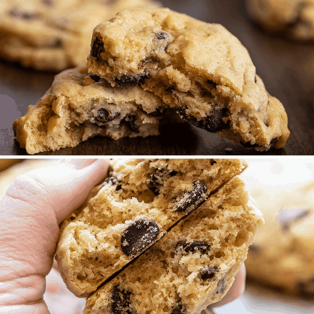 Top and bottom comparison of Chewy and Cake-Like Sourdough Chocolate Chip Cookies